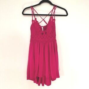 ZENANA Pink Crochet Lace Mini Top‎ Spaghetti Strap Smocked Back Size S